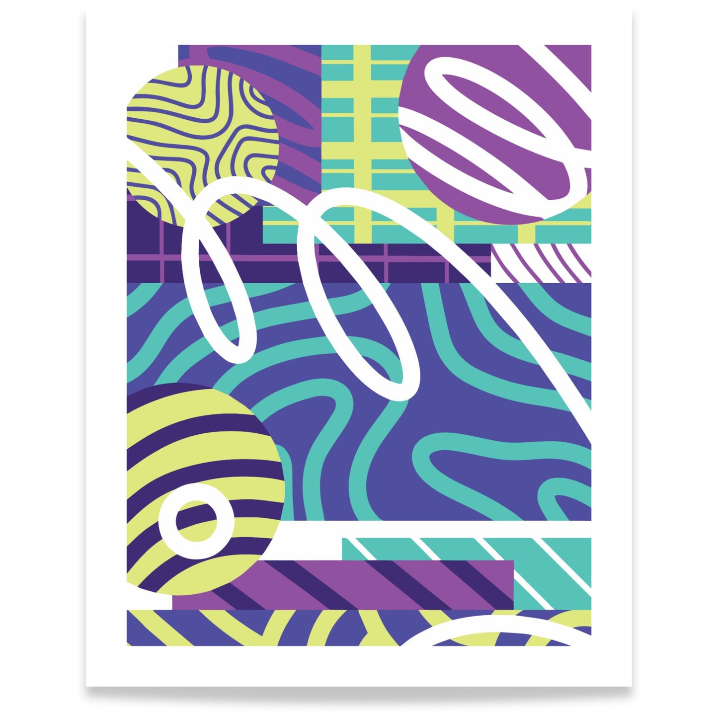 Color Rhythm abstrakt plakat med grafiske former i lilla, turkis og limegrønt 40x50