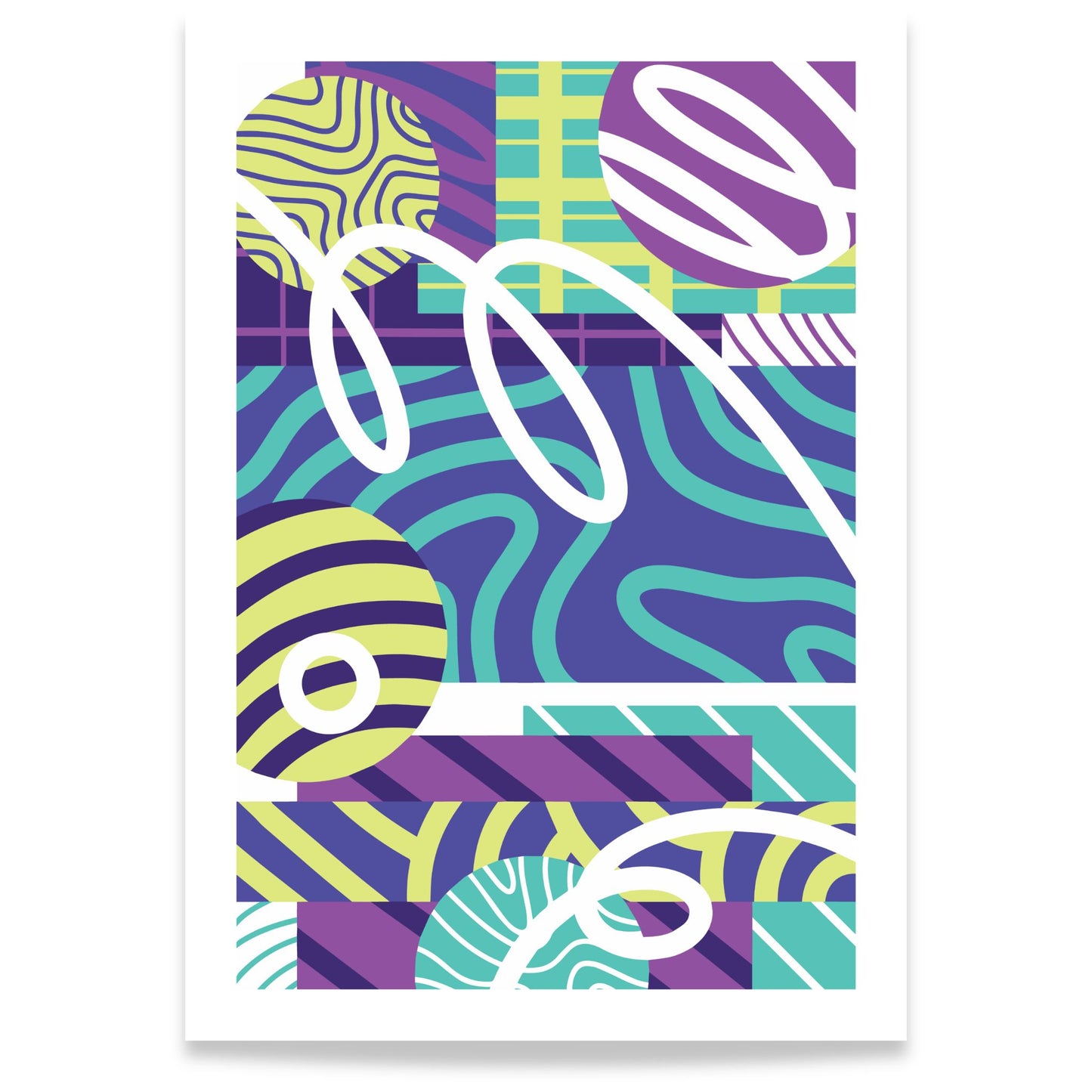Color Rhythm abstrakt plakat med grafiske former i lilla, turkis og limegrønt 70x100