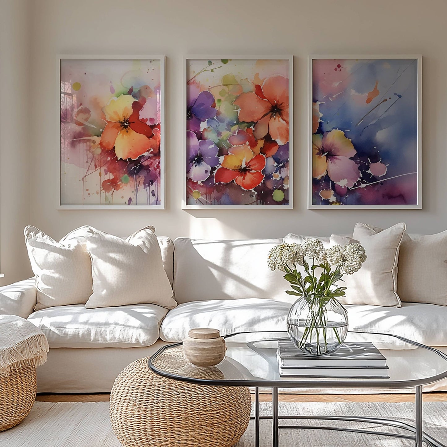 Fargerike blomsterplakater fra Color Splash Bloom Collection vist som gallerivegg over beige sofa i moderne stue