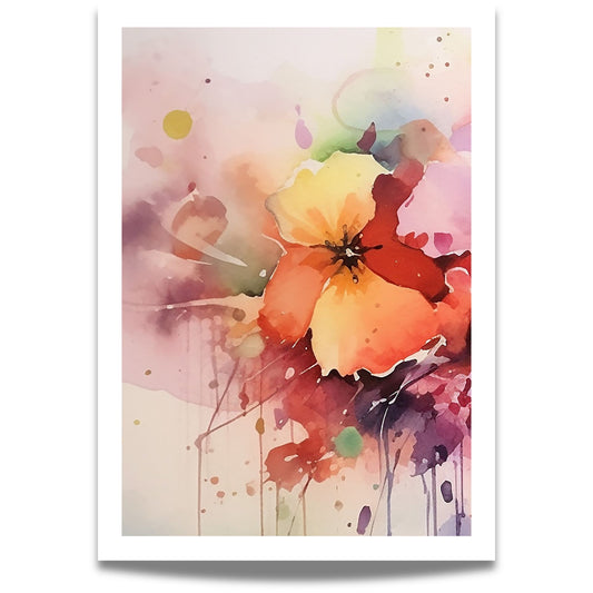 Color Splash Bloom No1 blomsterplakat i akvarellstil med rosa, korall og lilla fargetoner