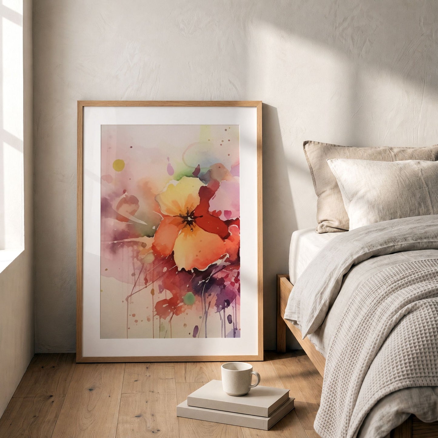 Color Splash Bloom No1 blomsterplakat lent mot vegg ved seng i lyst og harmonisk soverom