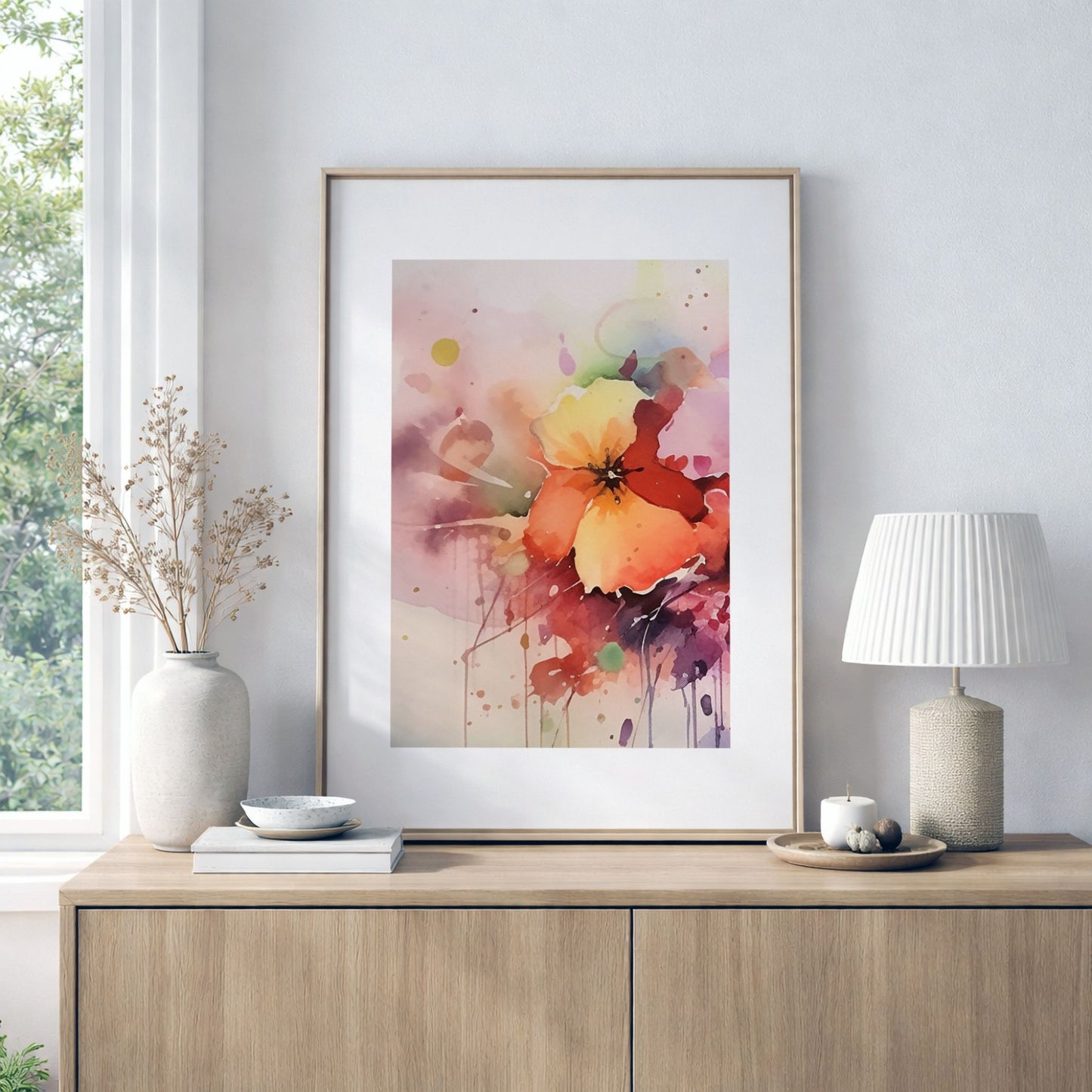 Fargerik blomsterplakat fra Color Splash Bloom Collection stylet på skjenk i moderne nordisk interiør