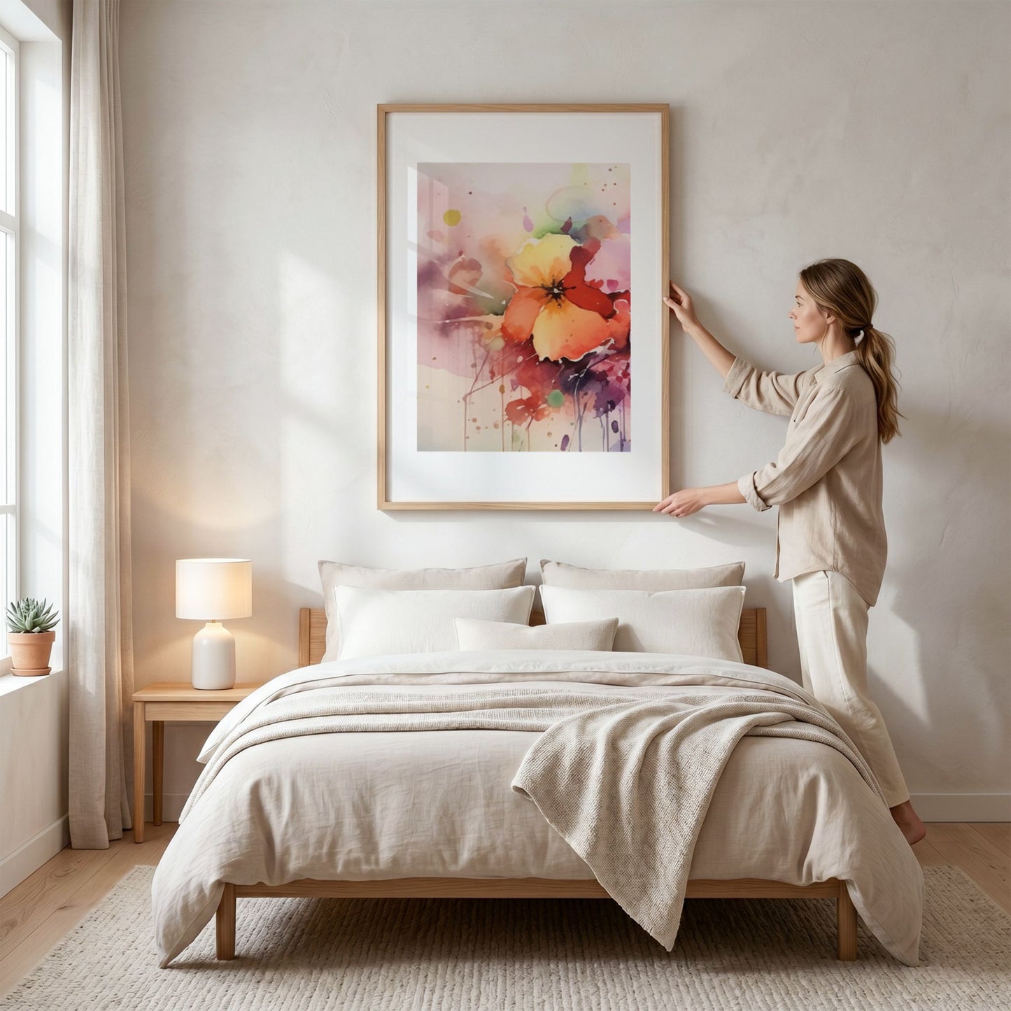 Color Splash Bloom No1 blomsterplakat vist over seng i lyst nordisk soverom