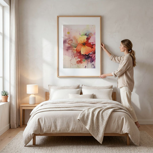 Color Splash Bloom No1 blomsterplakat vist over seng i lyst nordisk soverom