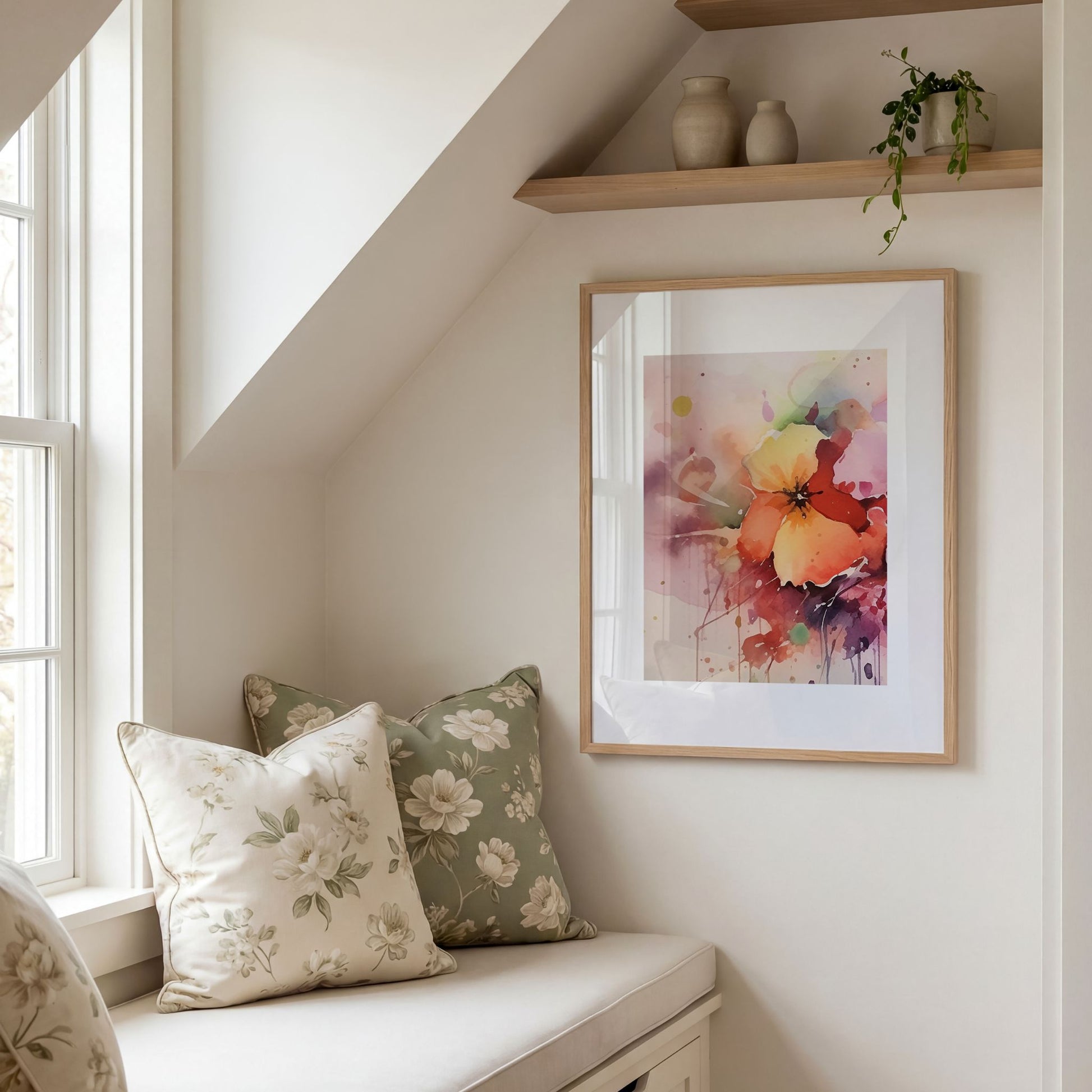 Person henger opp Color Splash Bloom No1 blomsterplakat i moderne nordisk soverom