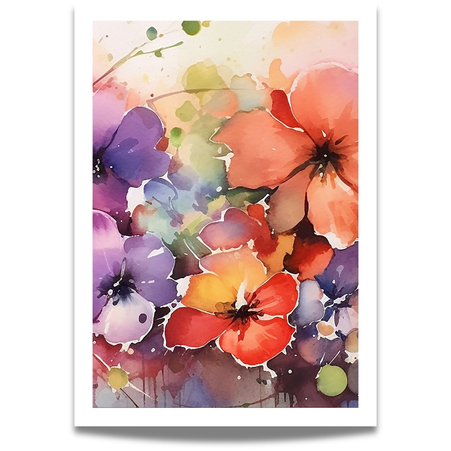 Color Splash Bloom No2 blomsterplakat i akvarellstil med lilla, rosa og korallfargede blomster