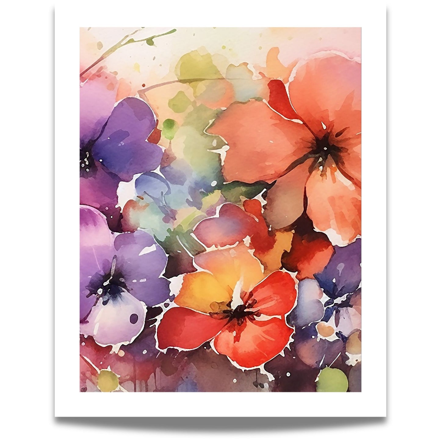 Color Splash Bloom No2 blomsterplakat i akvarellstil med lilla, rosa og korallfargede blomster 40X50