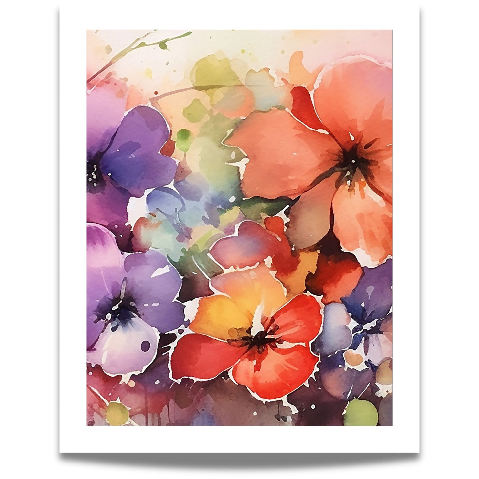 Color Splash Bloom No2 blomsterplakat i akvarellstil med lilla, rosa og korallfargede blomster 40X50