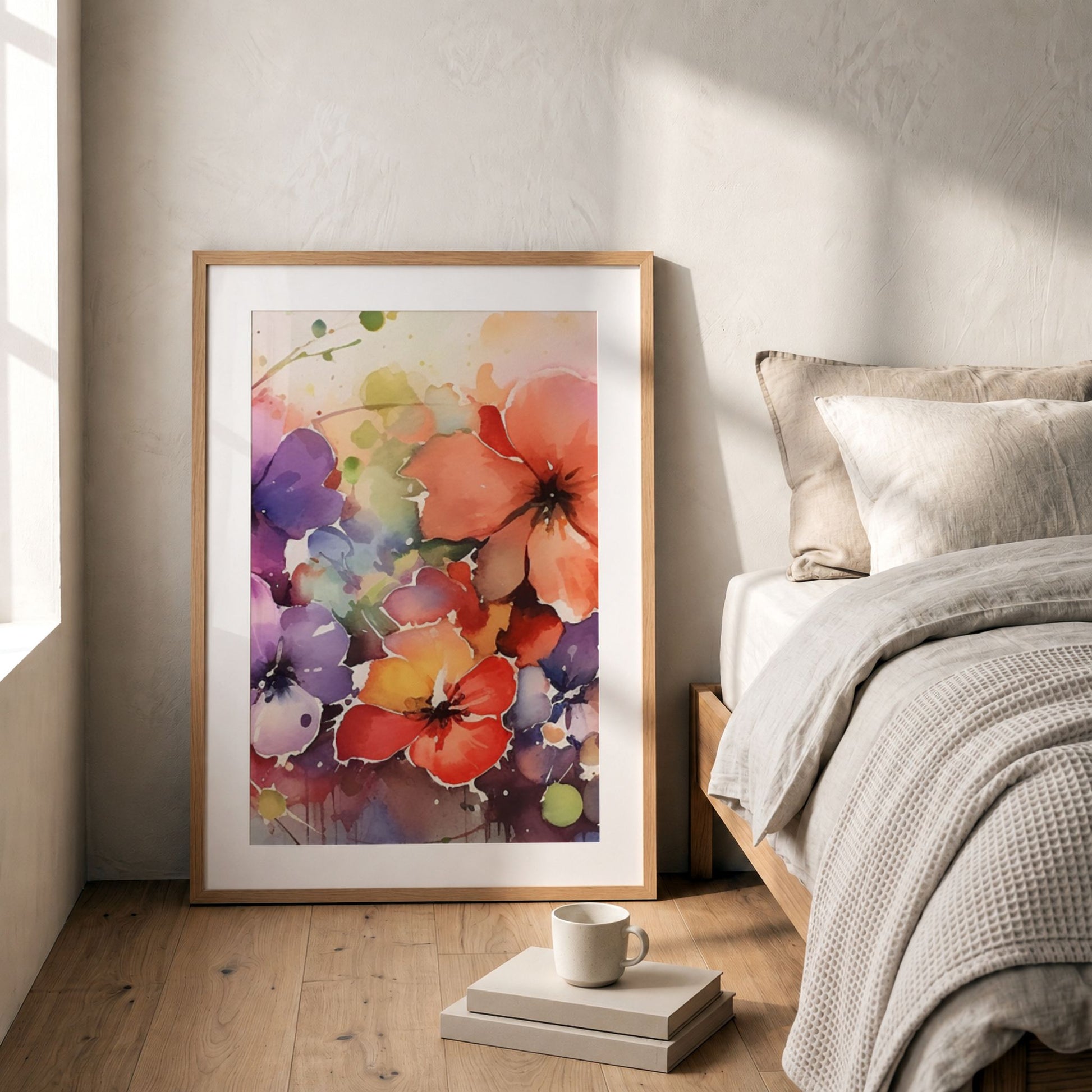 Color Splash Bloom No2 blomsterplakat lent mot vegg ved seng i moderne nordisk soverom