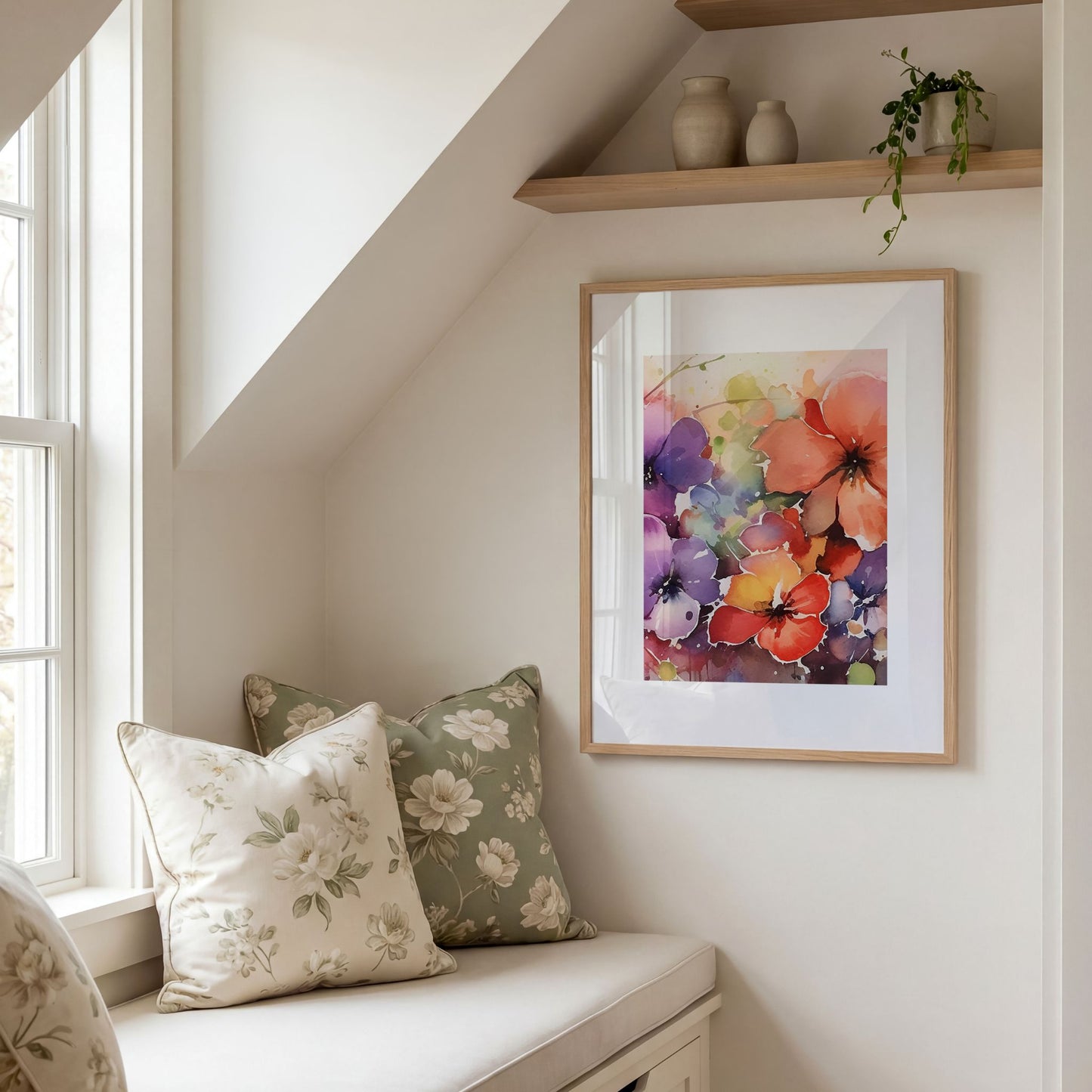 Color Splash Bloom No2 fargerik blomsterplakat i lun lesekrok med naturlig styling