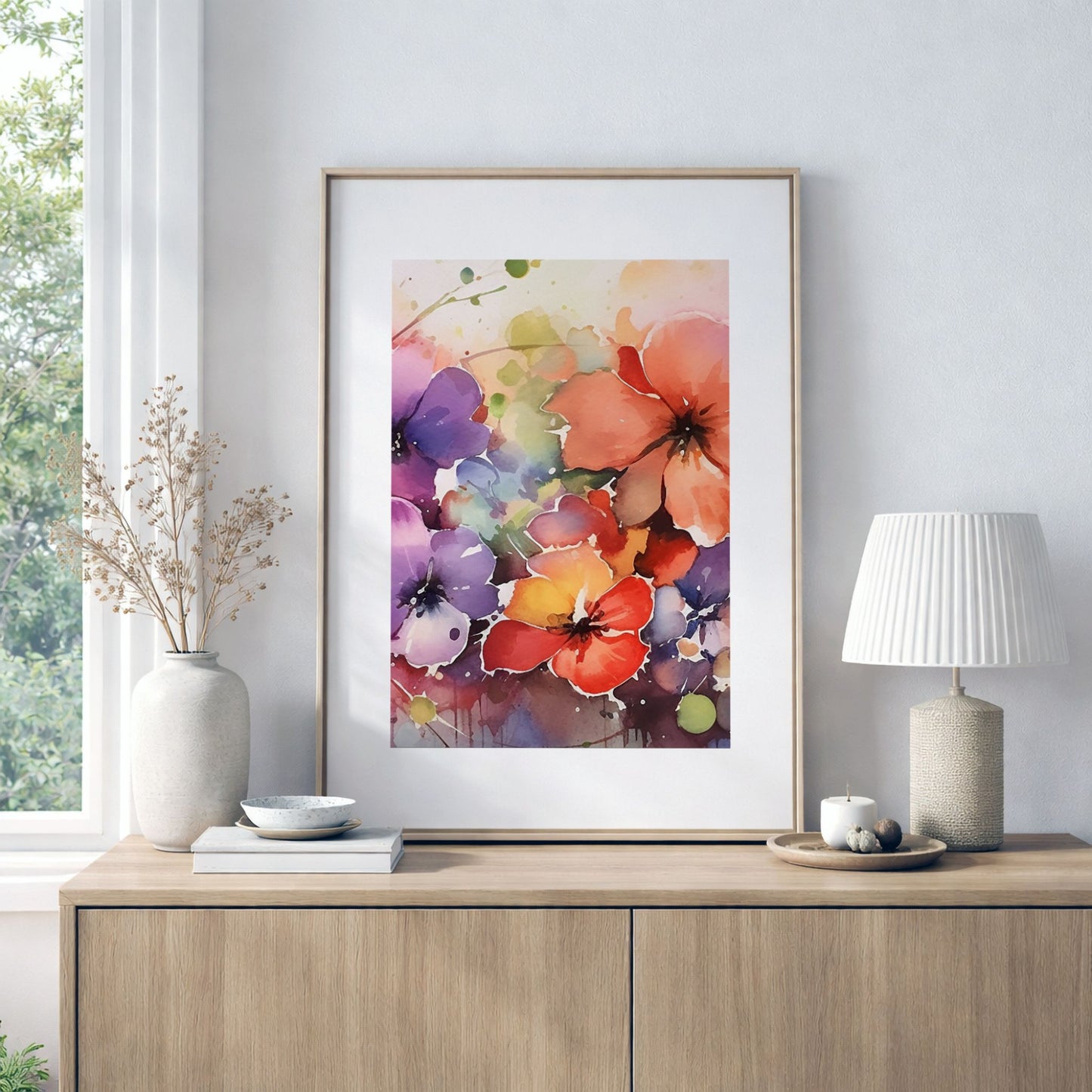 Color Splash Bloom No2 akvarellplakat i lys stue med nordisk interiør
