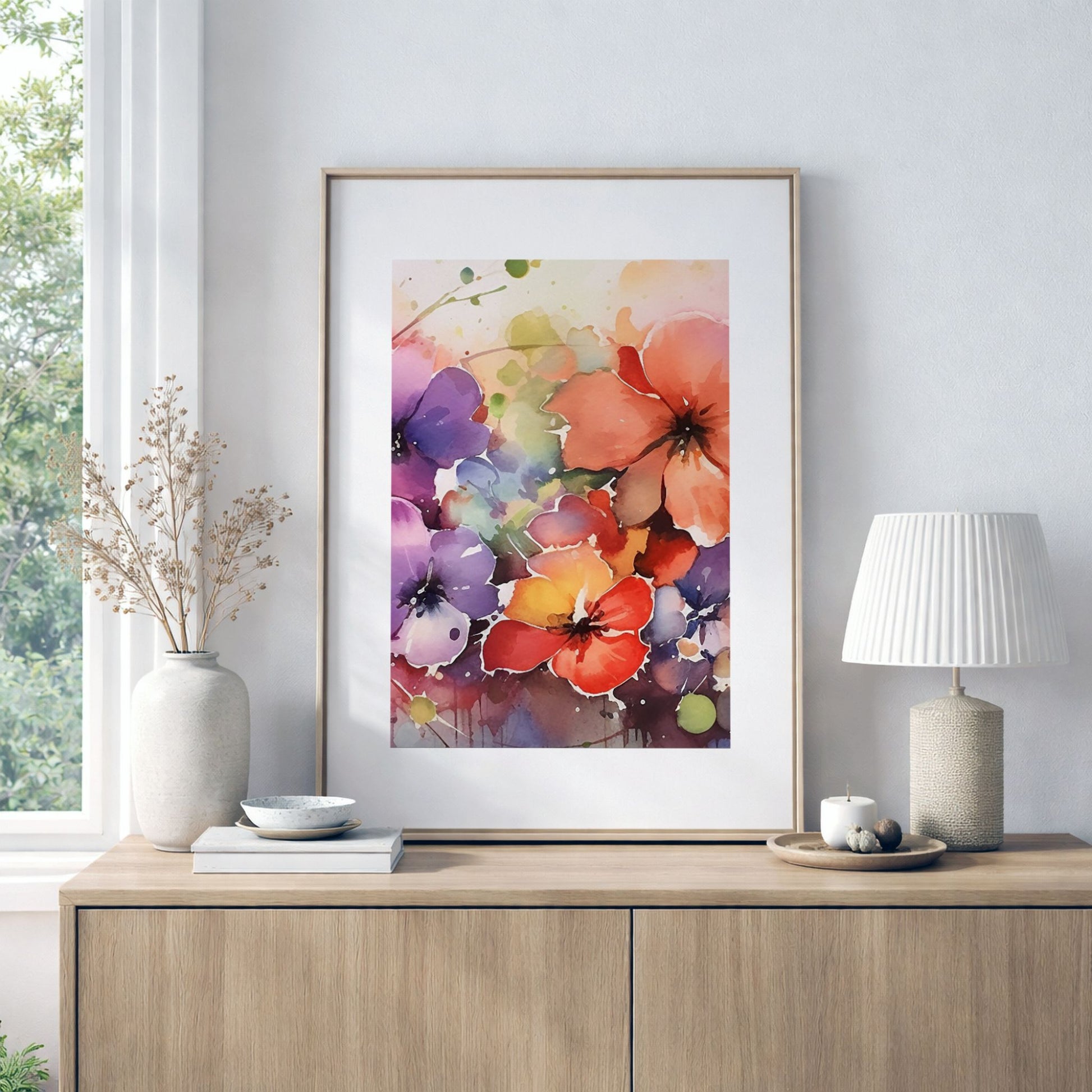 Color Splash Bloom No2 akvarellplakat i lys stue med nordisk interiør