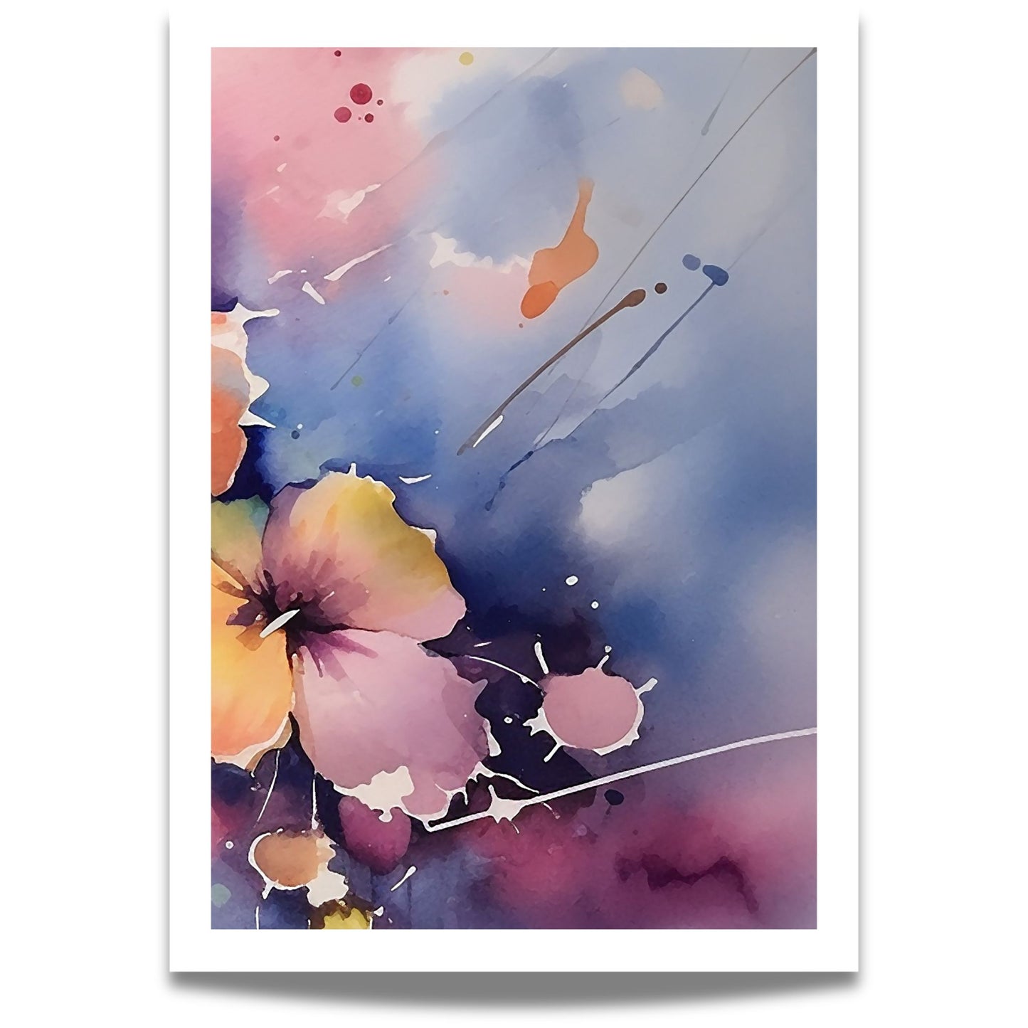 Color Splash Bloom No3 blomsterplakat i blå og lilla akvarellstil med abstrakte blomsterdetaljer