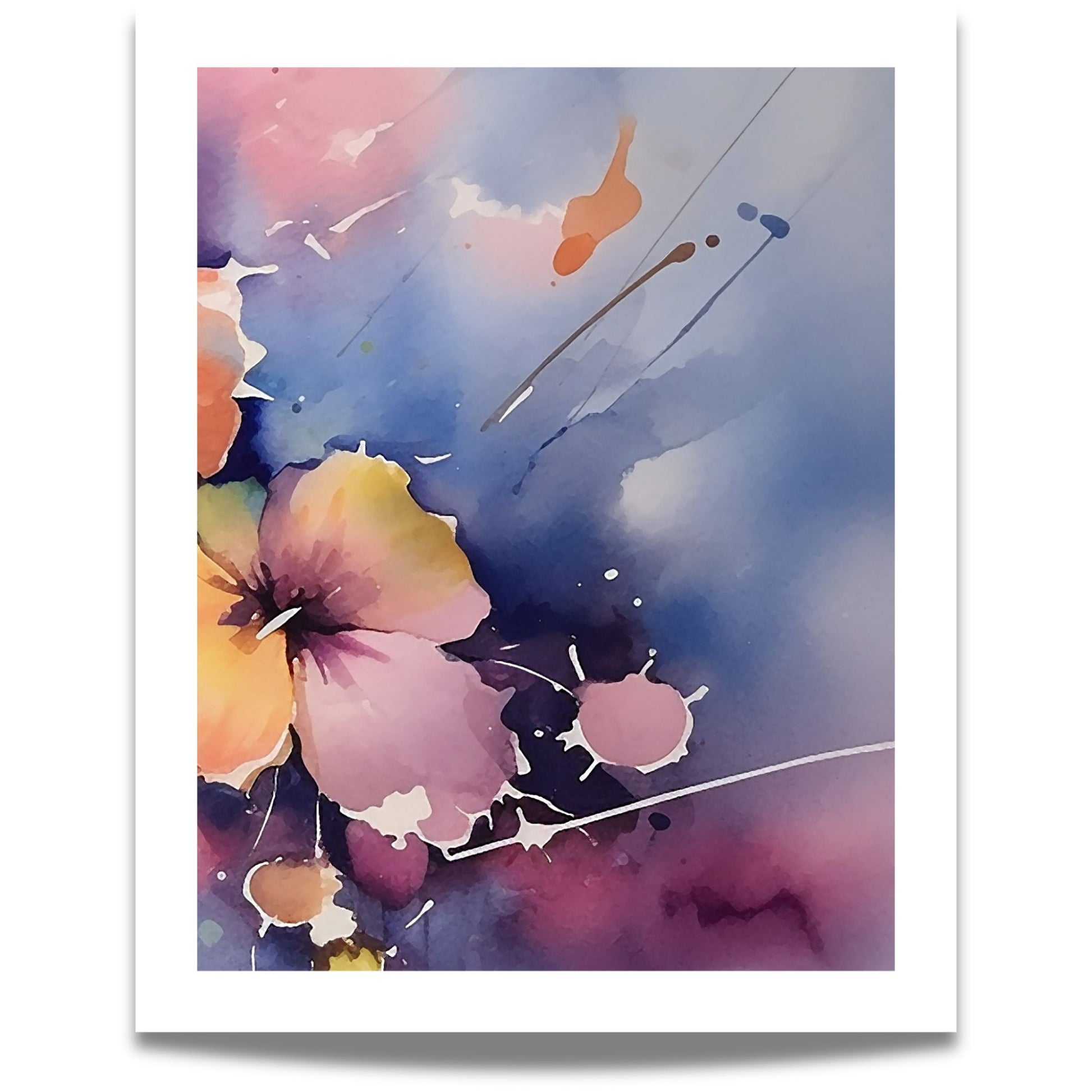 Color Splash Bloom No3 blomsterplakat i blå og lilla akvarellstil med abstrakte blomsterdetaljer 40x50