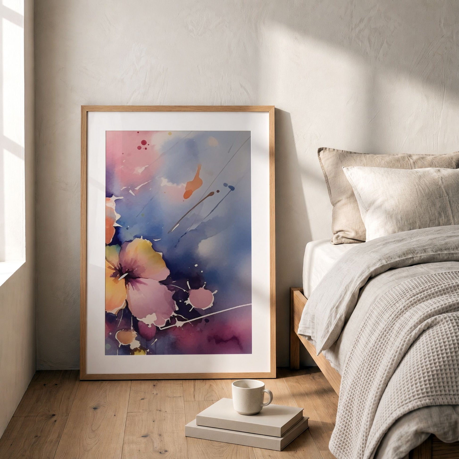 Color Splash Bloom No3 blomsterplakat lent mot vegg ved seng i minimalistisk soverom