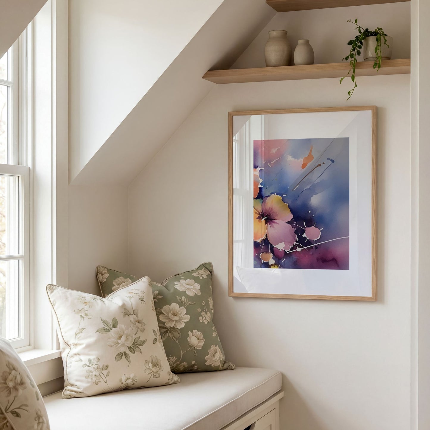 Color Splash Bloom No3 moderne blomsterplakat i lun lesekrok med nordisk styling