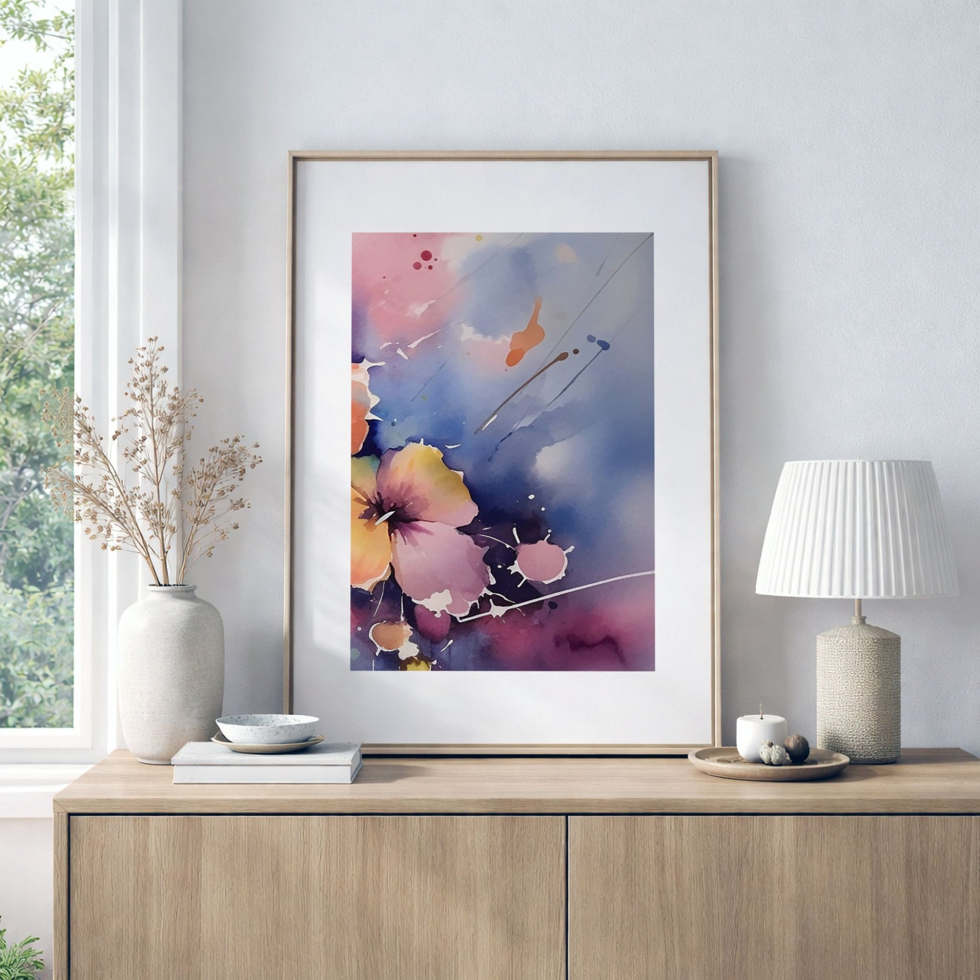 Color Splash Bloom No3 akvarellplakat med blå toner i moderne nordisk interiør