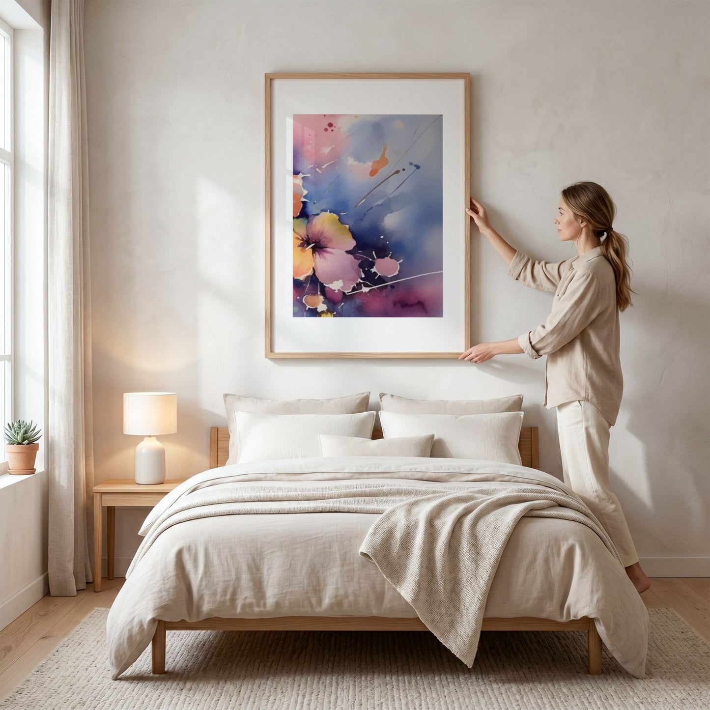 Color Splash Bloom No3 blomsterplakat vist over seng i lyst nordisk soverom
