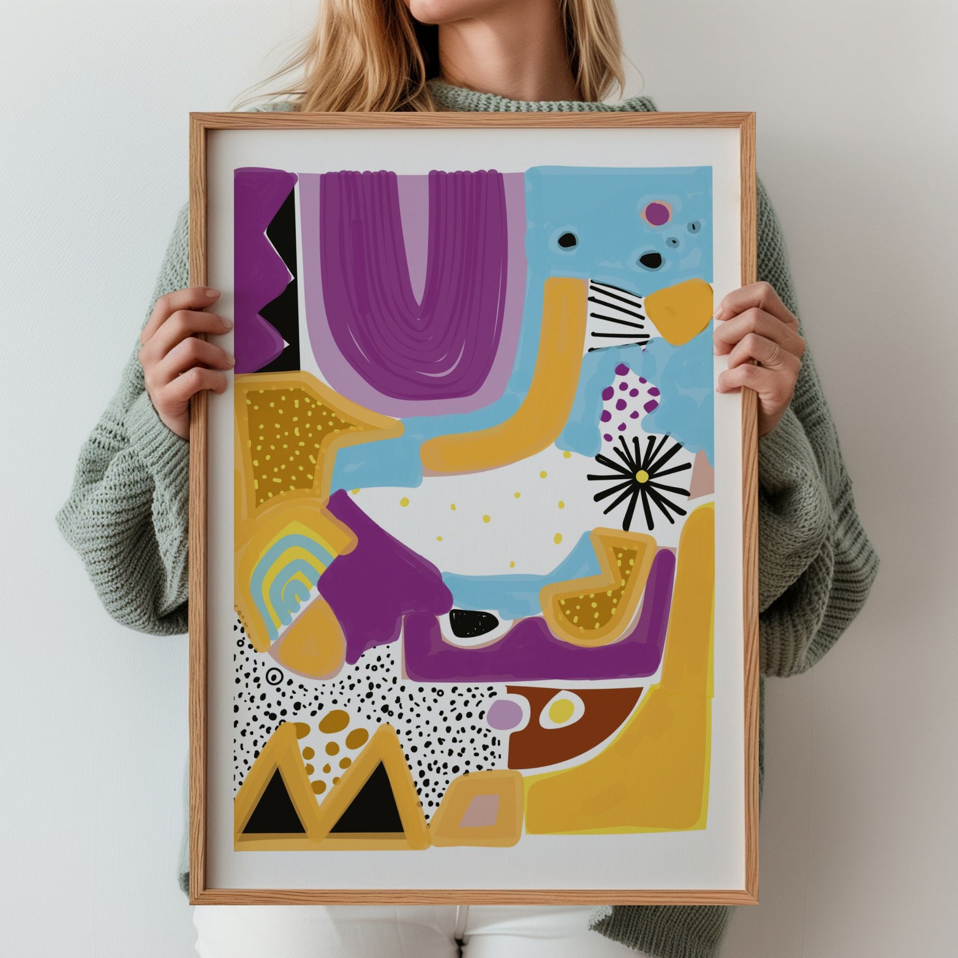 Colorful Rhythm fargerik grafisk plakat vist i eikeramme