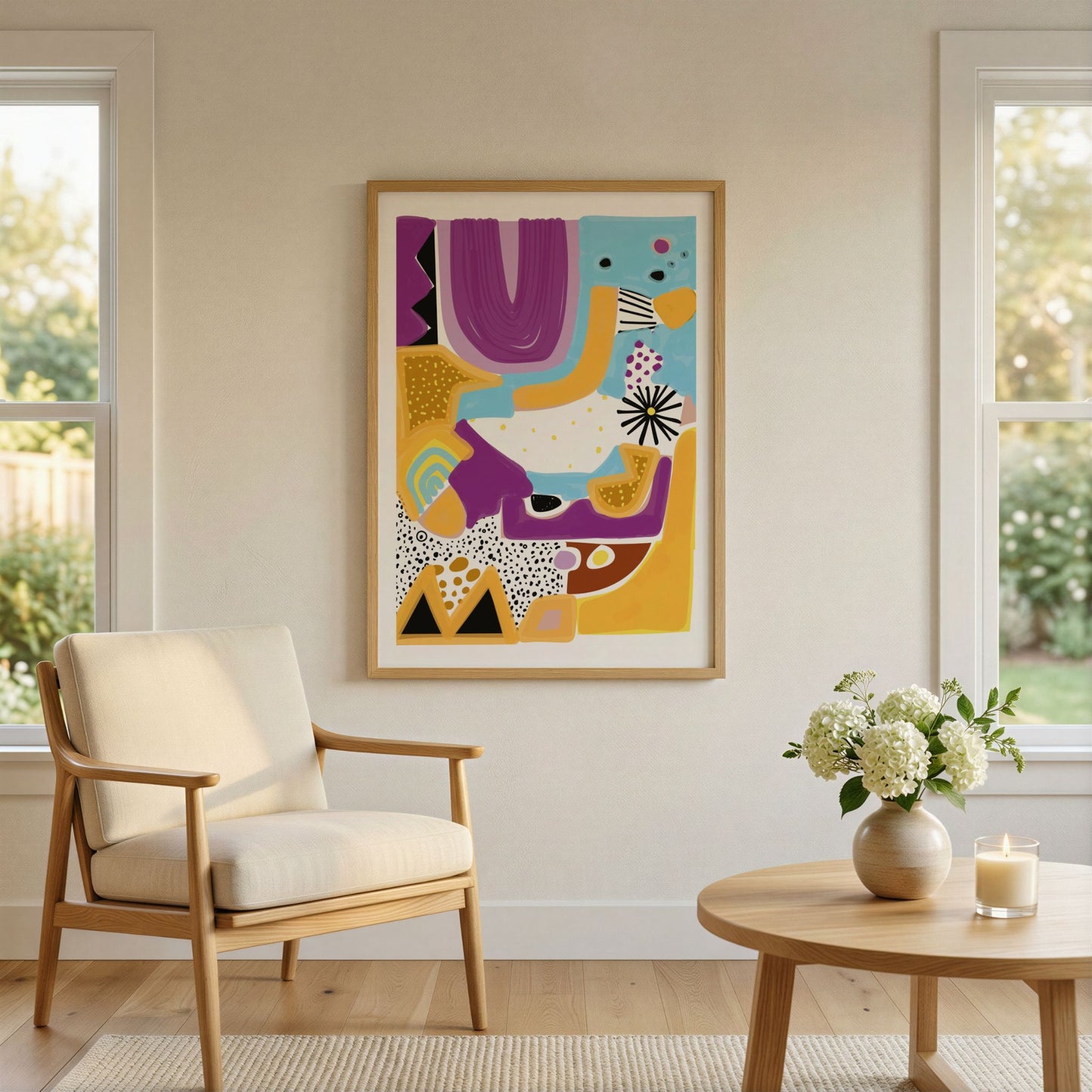 Colorful Rhythm grafisk plakat i eikeramme i lyst nordisk stueinteriør