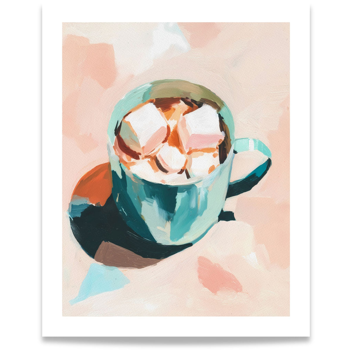Cozy Cocoa plakat med turkis kopp varm kakao og marshmallows mot rosa bakgrunn. Format 40x50.