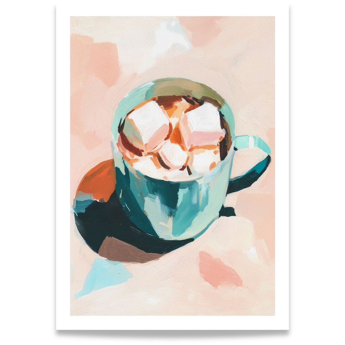 Cozy Cocoa plakat med turkis kopp varm kakao og marshmallows mot rosa bakgrunn