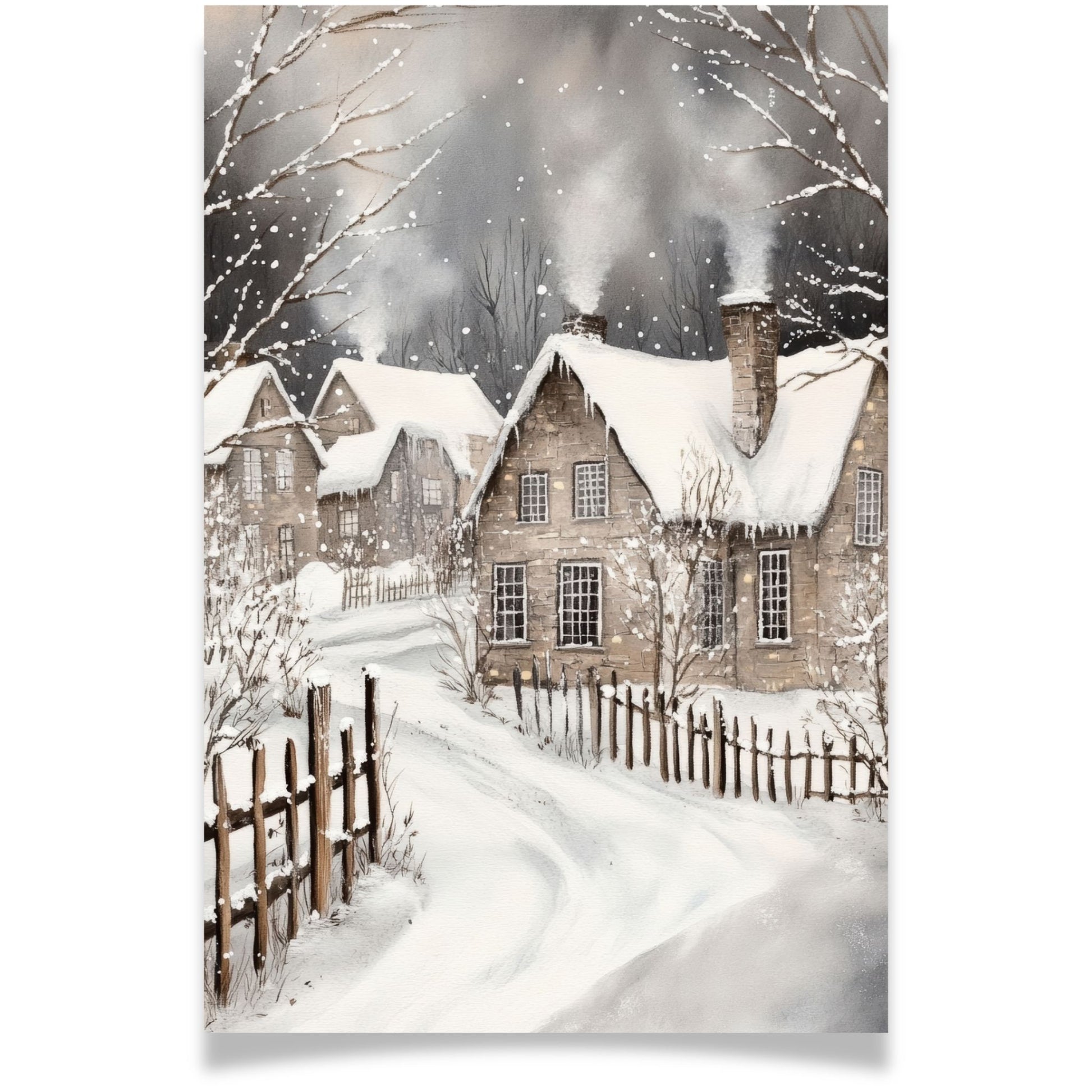 Julekort med vinterby og snødekte hus med røyk fra pipene – Cozy Winter Story Collection. Valgfritt med personlig hilsen.