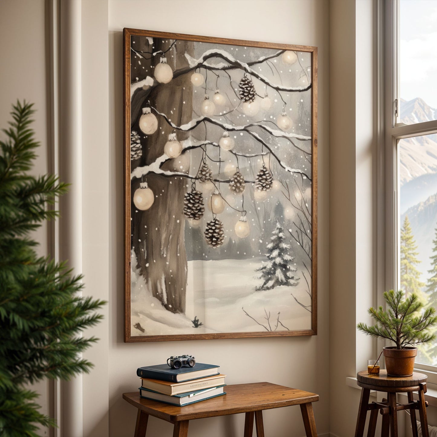 Snødekte tregrener med hengende kongler og små lyspærer over et stille, vinterlig skogslandskap. Illustrasjon viser plakat uten hvit kantlinje i eik ramme.