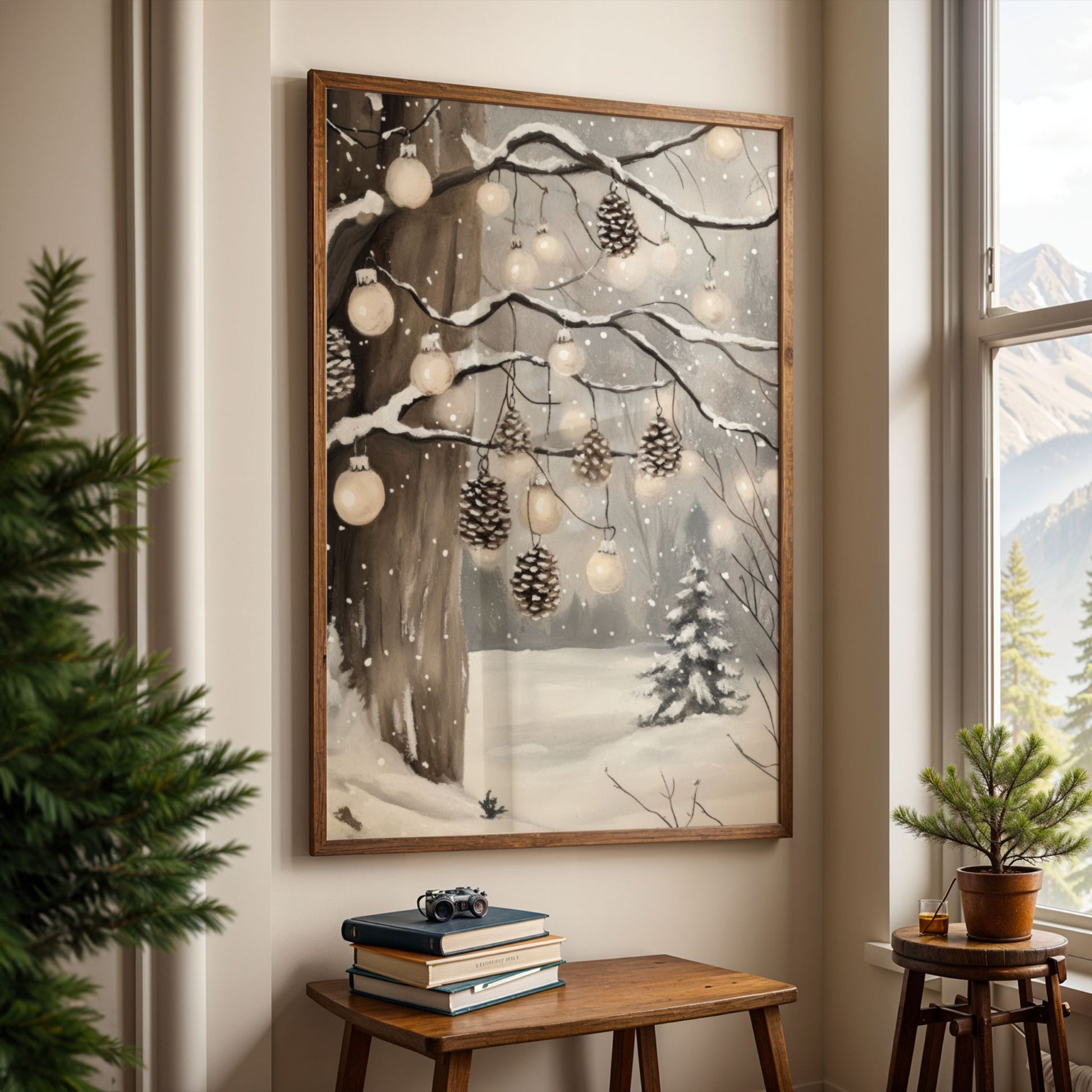 Snødekte tregrener med hengende kongler og små lyspærer over et stille, vinterlig skogslandskap. Illustrasjon viser plakat uten hvit kantlinje i eik ramme.