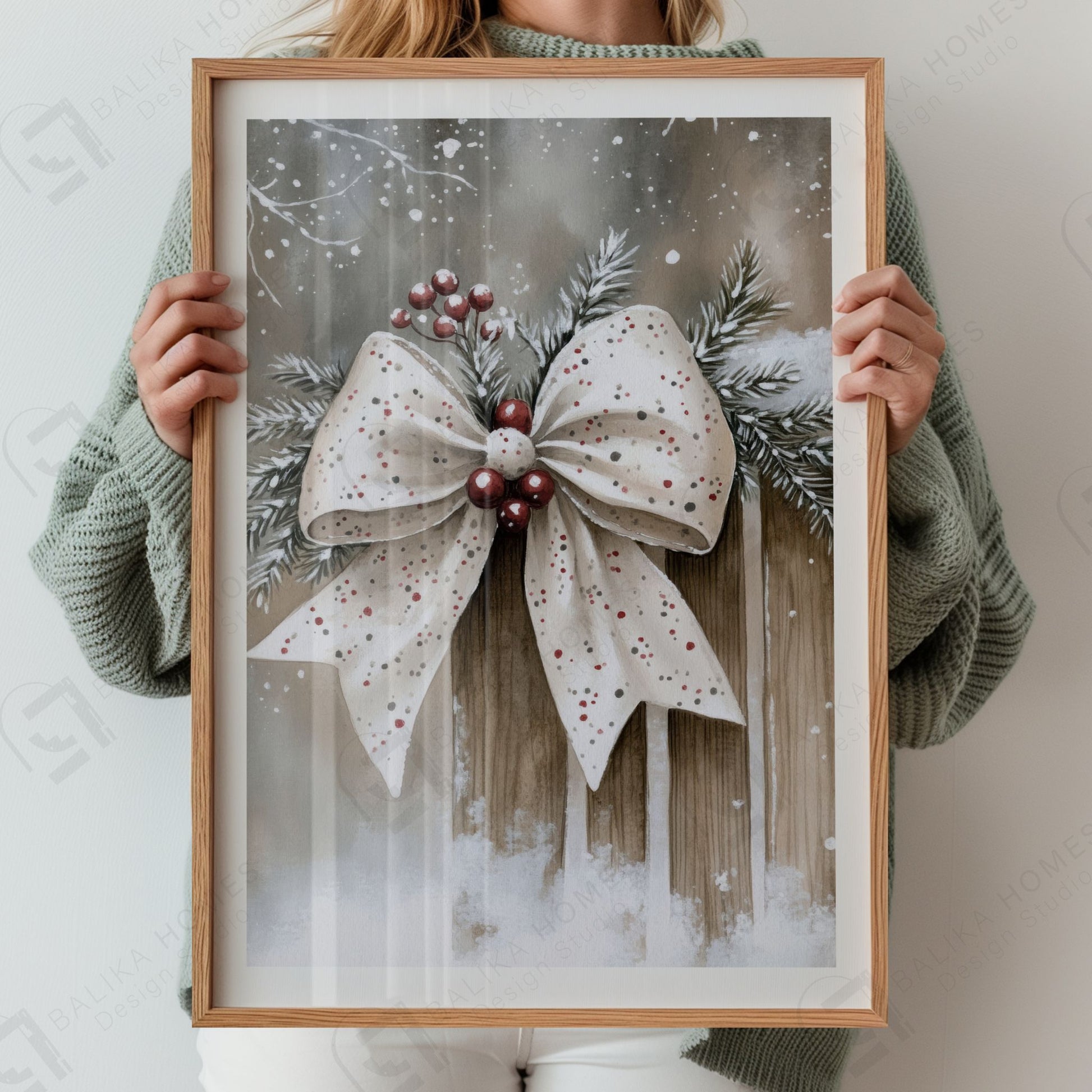 Stor hvit sløyfe med røde bær festet på en lys, værbitt trevegg med lett snødryss. Illustrasjon viser plakat med hvit kantlinje i eik ramme.