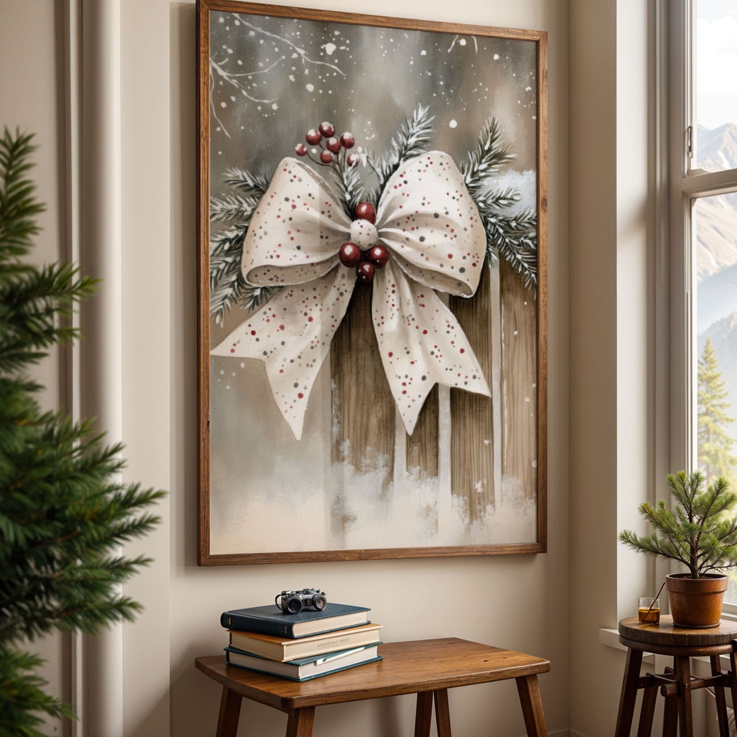 Stor hvit sløyfe med røde bær festet på en lys, værbitt trevegg med lett snødryss. Illustrasjon viser plakat uten hvit kantlinje i eik ramme.