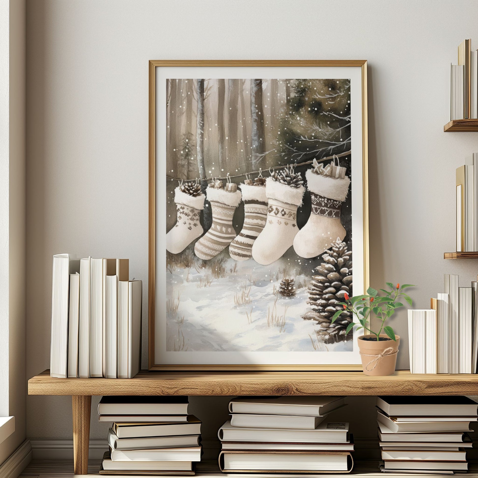 Fem vinterstrømper henger fra en snor mellom trær i snø, omgitt av kongler og vintergrener. Illustrasjon viser plakat med hvit kantlinje i eik ramme.