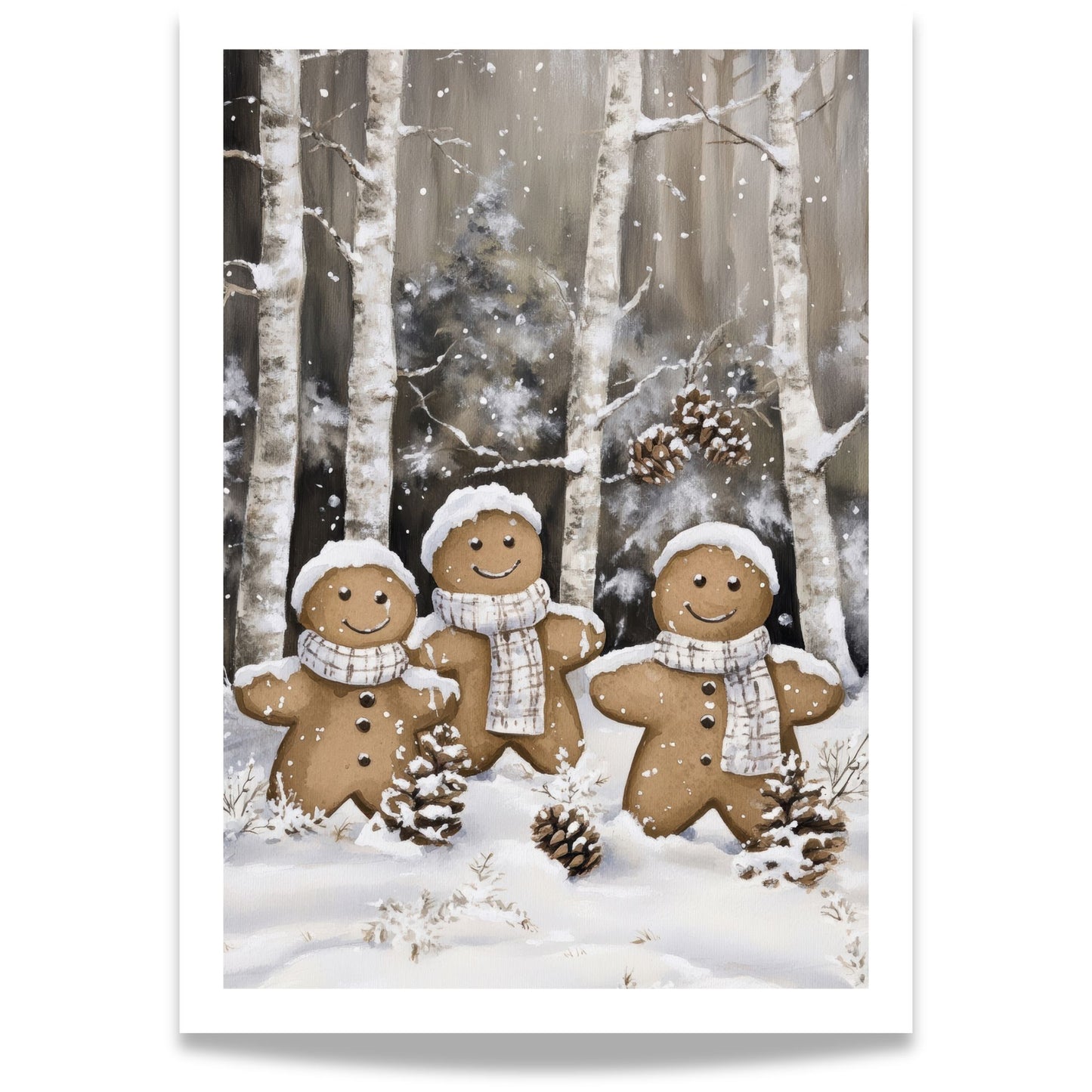 To pepperkakefigurer i skjerf og lue står hånd i hånd i en snødekt skog omgitt av kongler og trær.