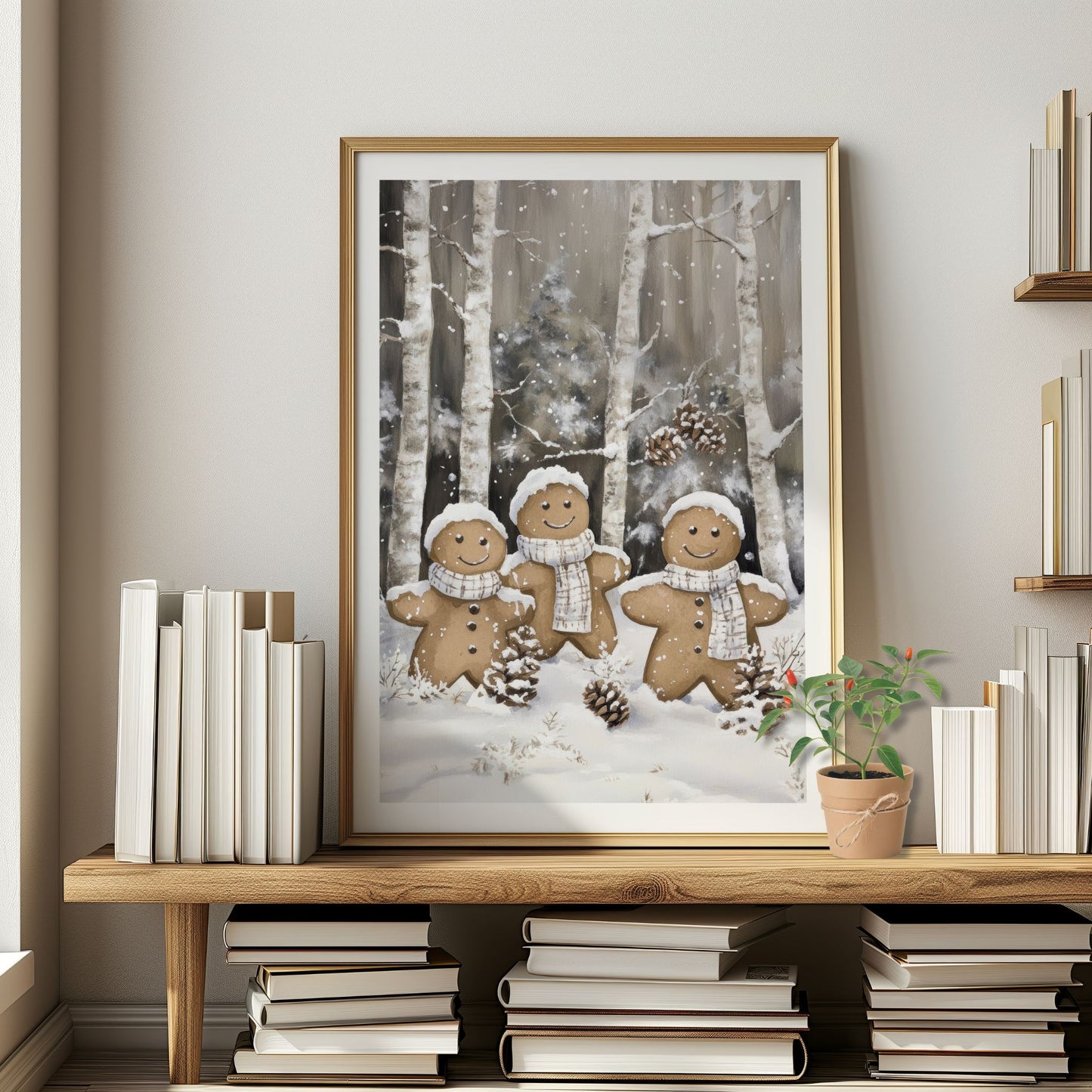 To pepperkakefigurer i skjerf og lue står hånd i hånd i en snødekt skog omgitt av kongler og trær. Illustrasjon viser plakat med hvit kantlinje i eik ramme.