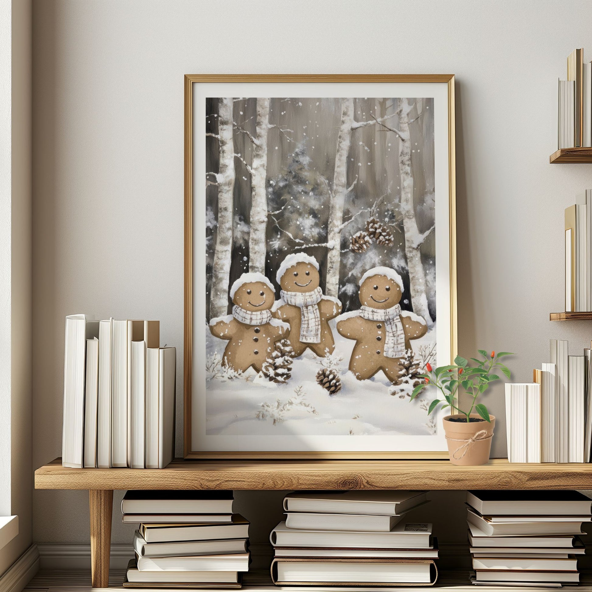 To pepperkakefigurer i skjerf og lue står hånd i hånd i en snødekt skog omgitt av kongler og trær. Illustrasjon viser plakat med hvit kantlinje i eik ramme.