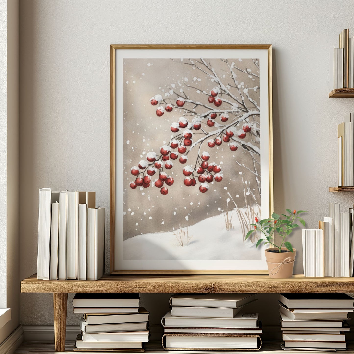 Snødekte grener med små røde bær mot lys, tåkete vinterbakgrunn. Illustrasjon viser plakat med hvit kantlinje i eik ramme.