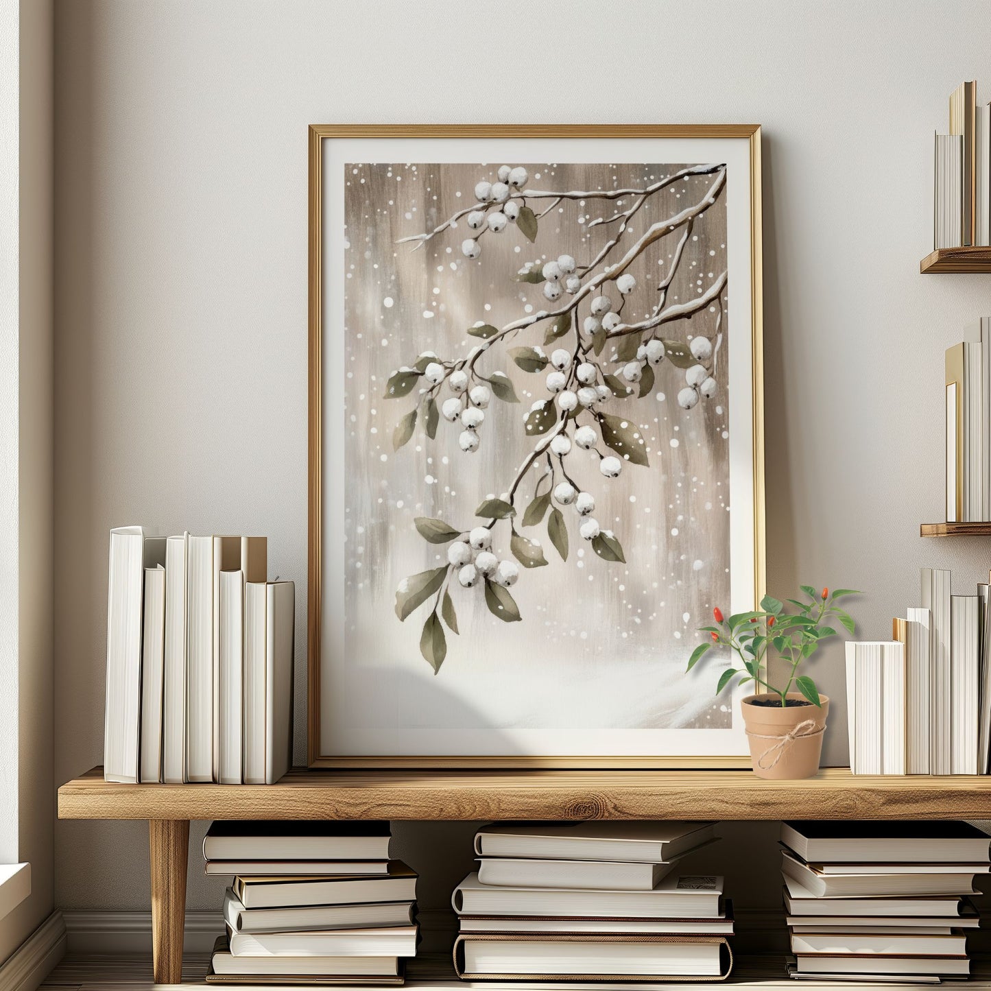 Greiner med hvite bær og grønne blader dekket av snø mot beige bakgrunn. Illustrasjon viser plakat med hvit kantlinje i eik ramme.