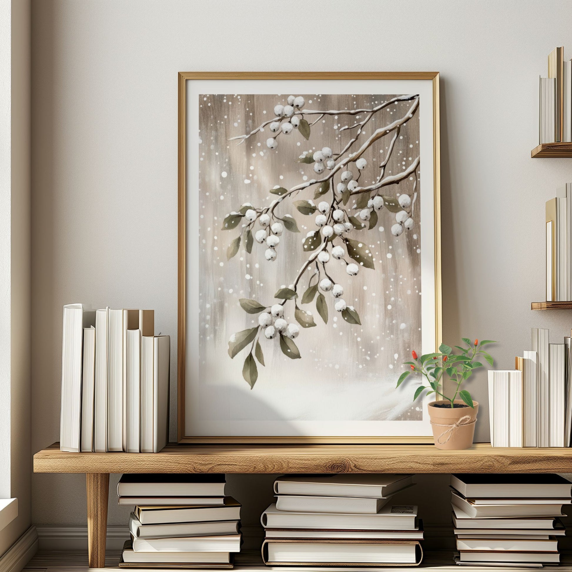 Greiner med hvite bær og grønne blader dekket av snø mot beige bakgrunn. Illustrasjon viser plakat med hvit kantlinje i eik ramme.