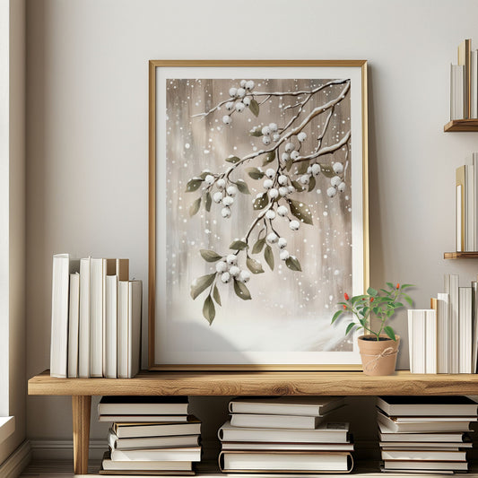 Greiner med hvite bær og grønne blader dekket av snø mot beige bakgrunn. Illustrasjon viser plakat med hvit kantlinje i eik ramme.