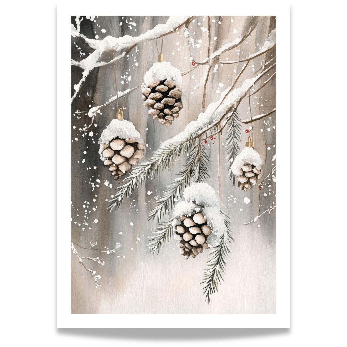 Tre store kongler henger fra granbar med snø mot en lys, vinterlig bakgrunn.