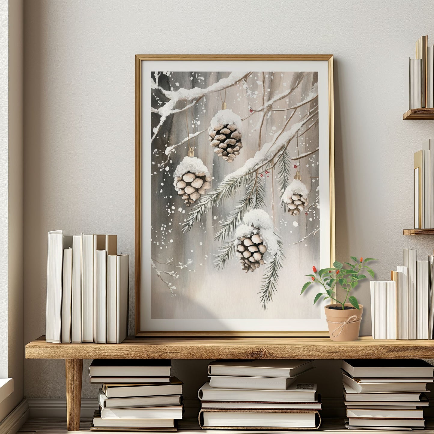 Tre store kongler henger fra granbar med snø mot en lys, vinterlig bakgrunn. Illustrasjon viser plakat med hvit kantlinje i eik ramme.