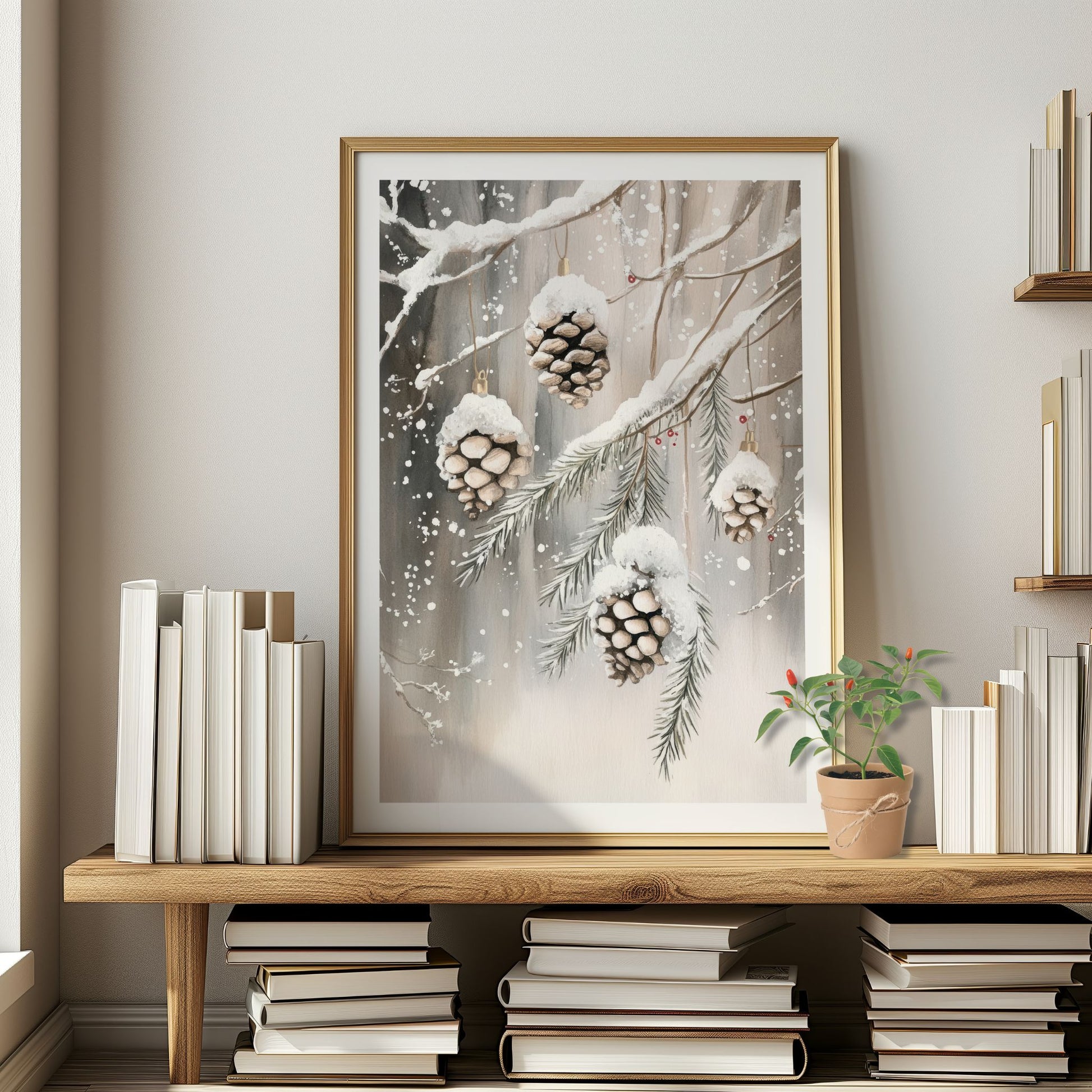 Tre store kongler henger fra granbar med snø mot en lys, vinterlig bakgrunn. Illustrasjon viser plakat med hvit kantlinje i eik ramme.