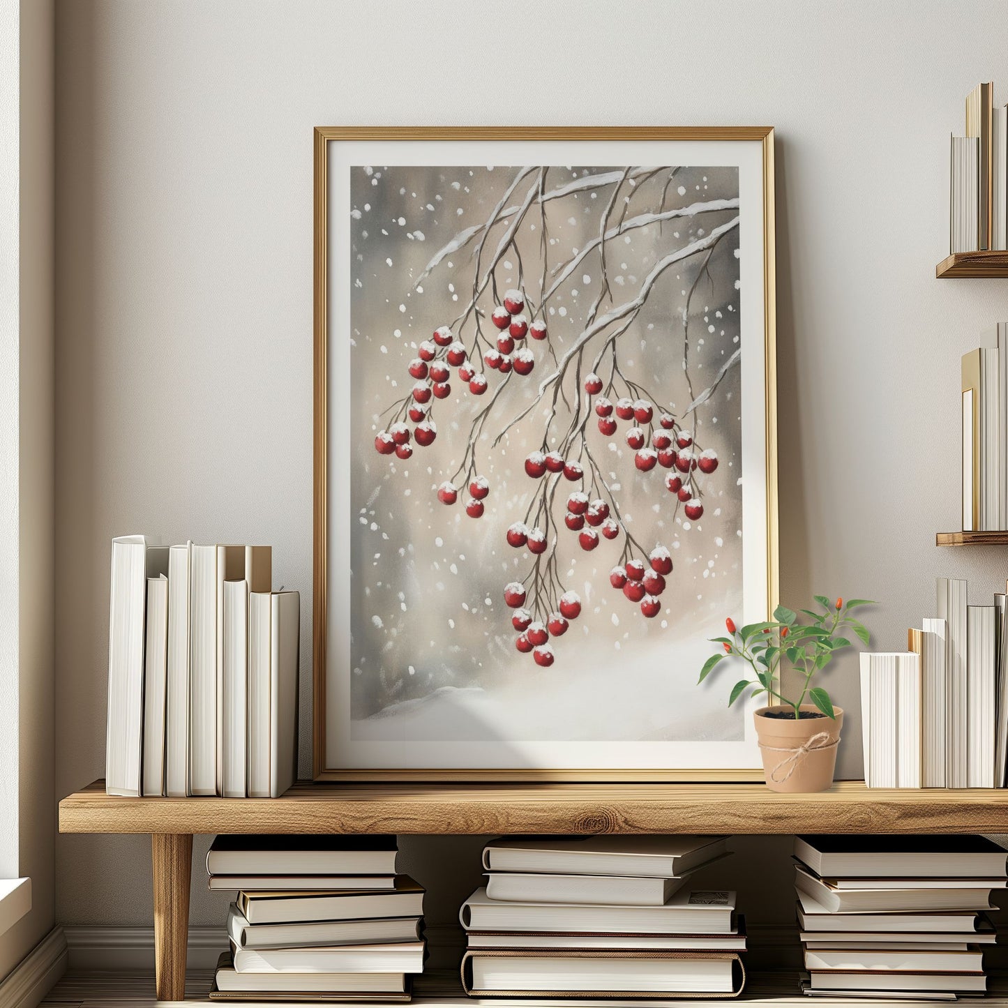 Røde bær på tynne, snødekte grener mot en dempet vinterhimmel. Illustrasjon viser plakat med hvit kantlinje i eik ramme.