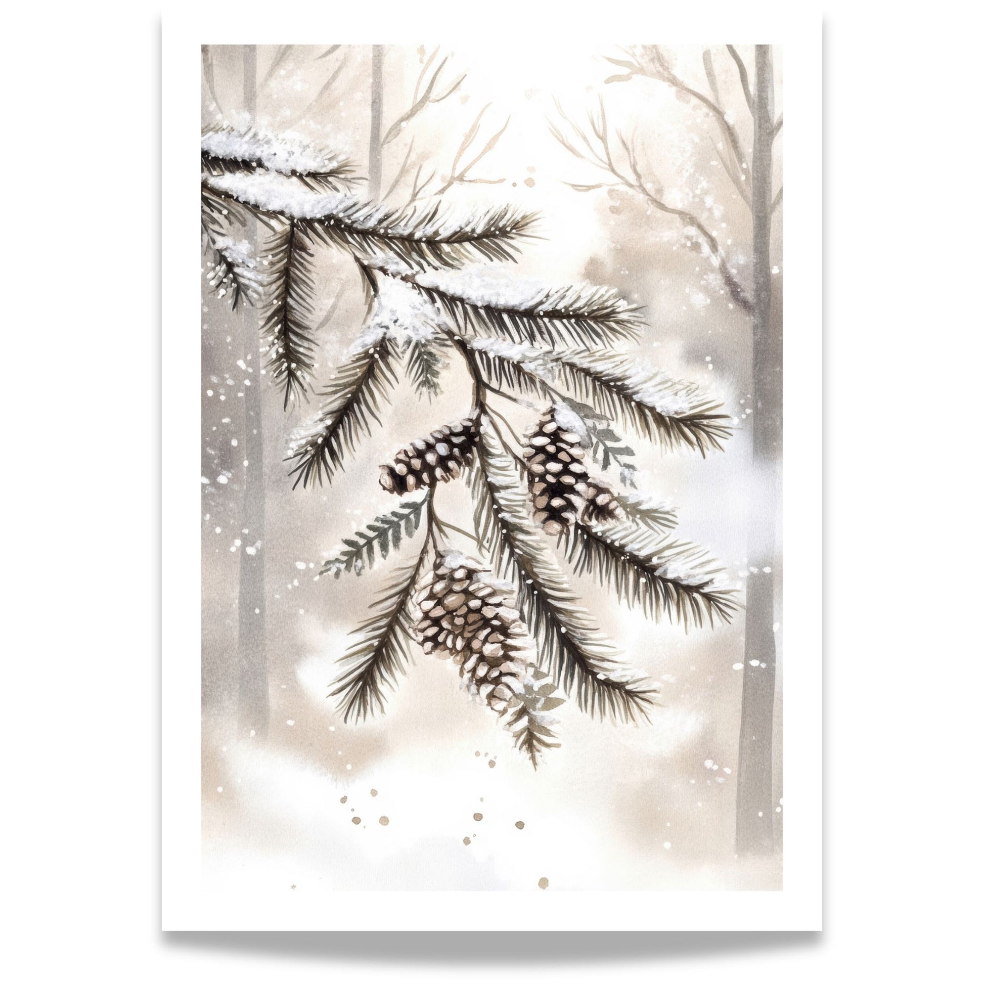 Snødekte granbar med kongler i mykt vinterlys mot lys bakgrunn.