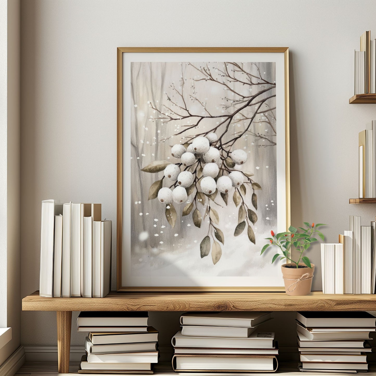 Snødekte greiner med store hvite bær i vinterlys mot disig bakgrunn. Illustrasjon viser plakat med hvit kantlinje i eik ramme.