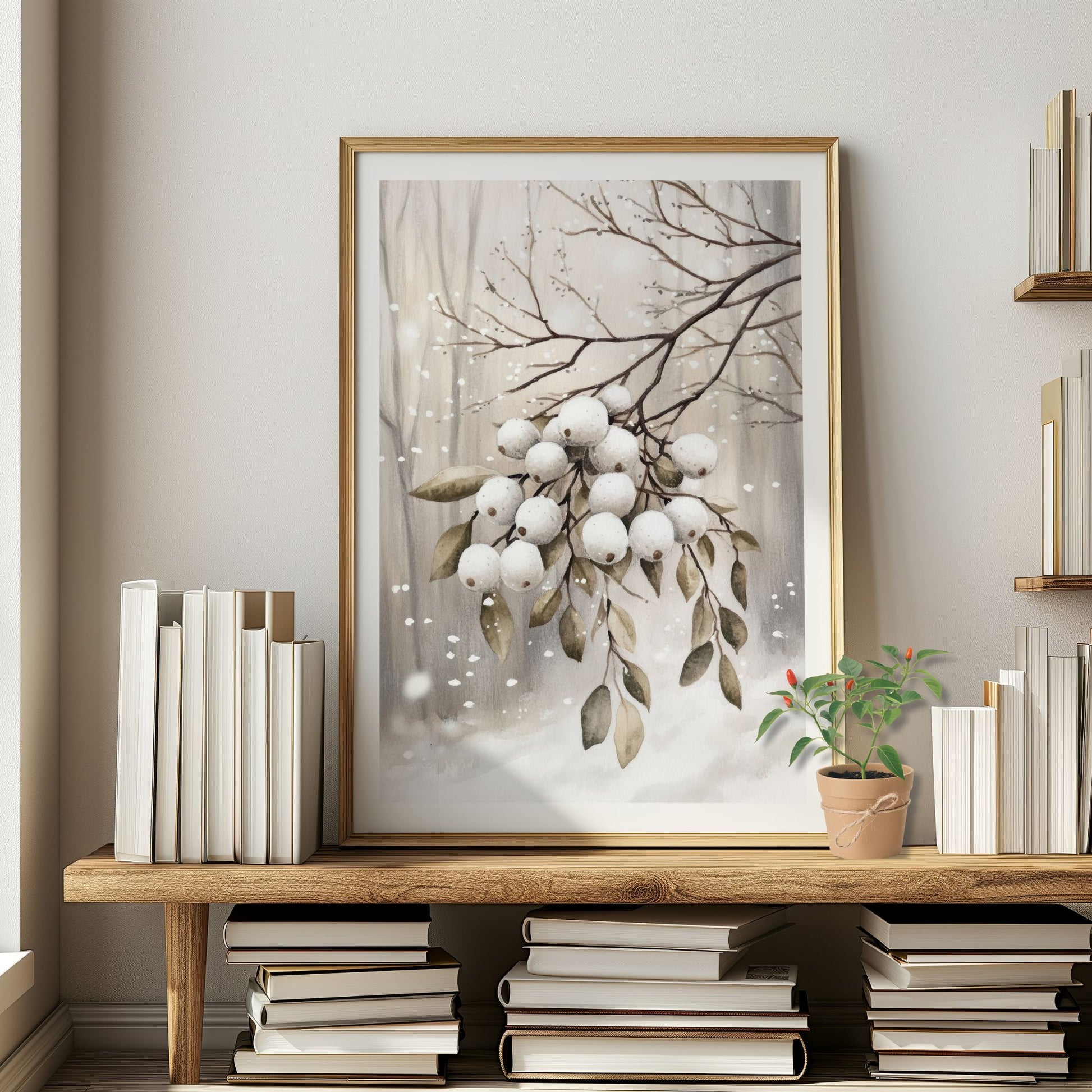 Snødekte greiner med store hvite bær i vinterlys mot disig bakgrunn. Illustrasjon viser plakat med hvit kantlinje i eik ramme.