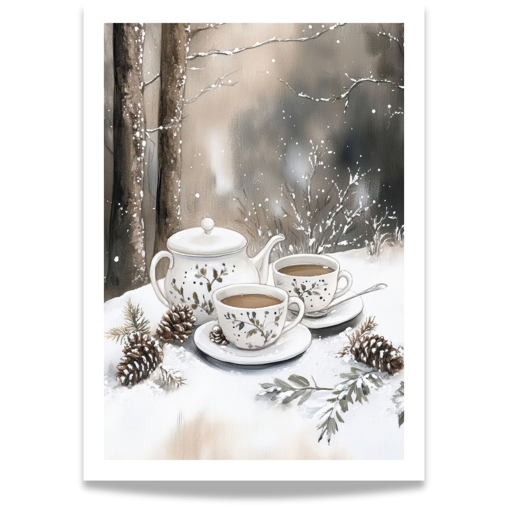 Tekanne og to kopper med varm te plassert på snøen blant kongler og vintergrener i skoglandskap.