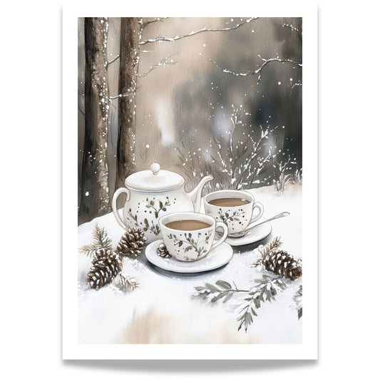 Tekanne og to kopper med varm te plassert på snøen blant kongler og vintergrener i skoglandskap.