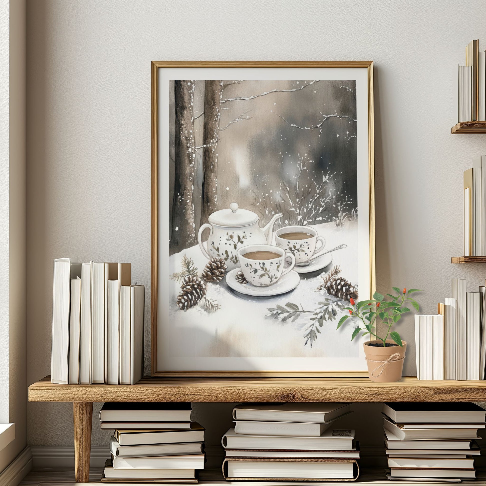 Tekanne og to kopper med varm te plassert på snøen blant kongler og vintergrener i skoglandskap. Illustrasjon viser plakat med hvit kantlinje i eikr ramme.