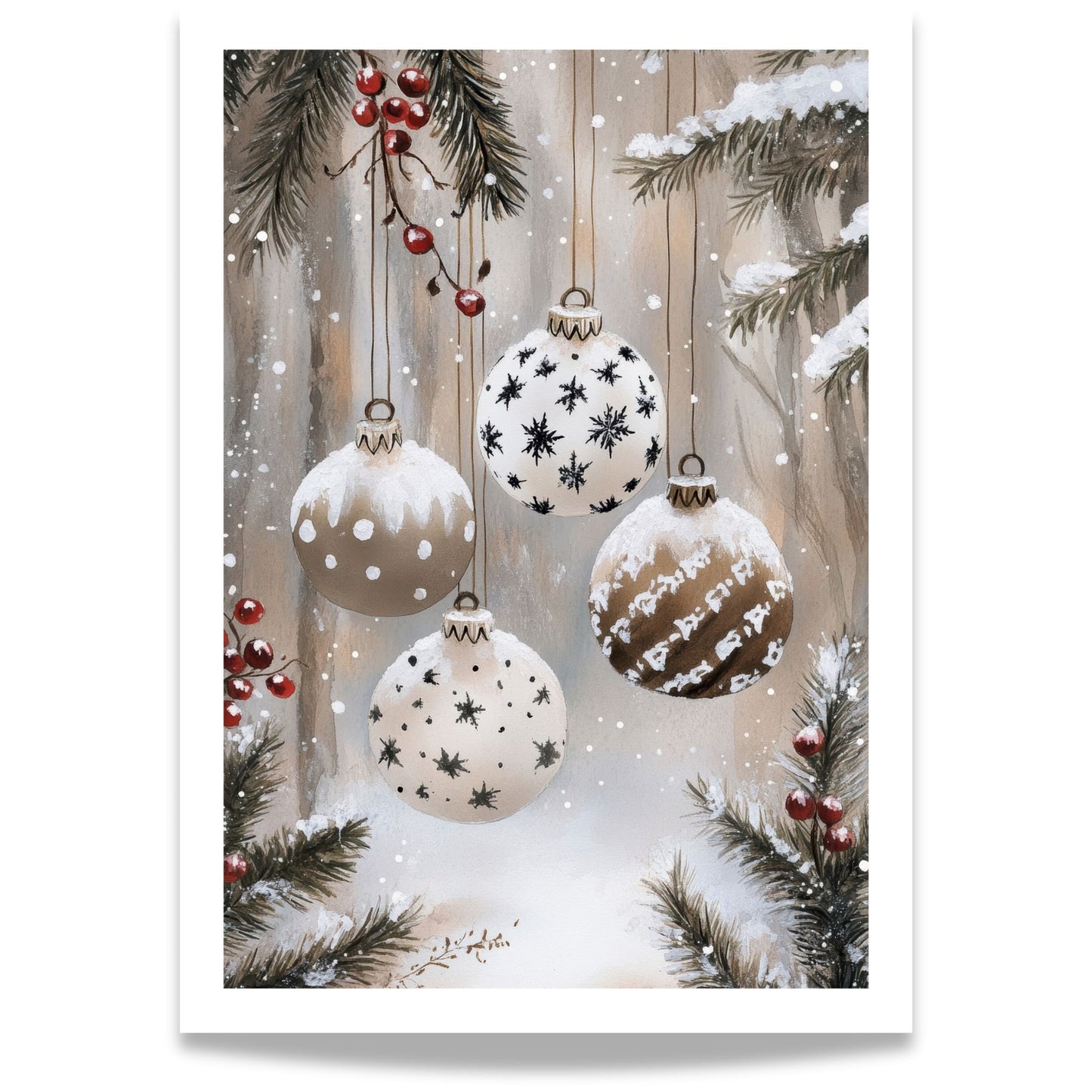 Nære julekuler i hvitt og beige med stjernemønster, hengende i granbar med røde bær på snødekt bakgrunn.